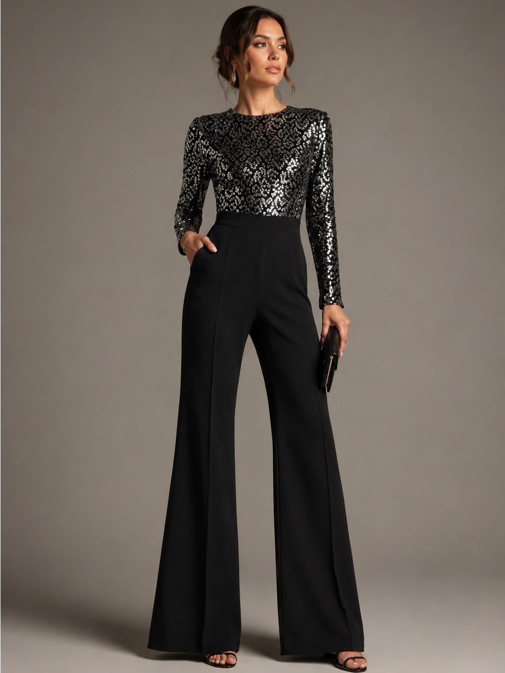 Black Halo Lazaro Sequin Jumpsuit Black Silver Wide Leg Evening Cocktail Size 4